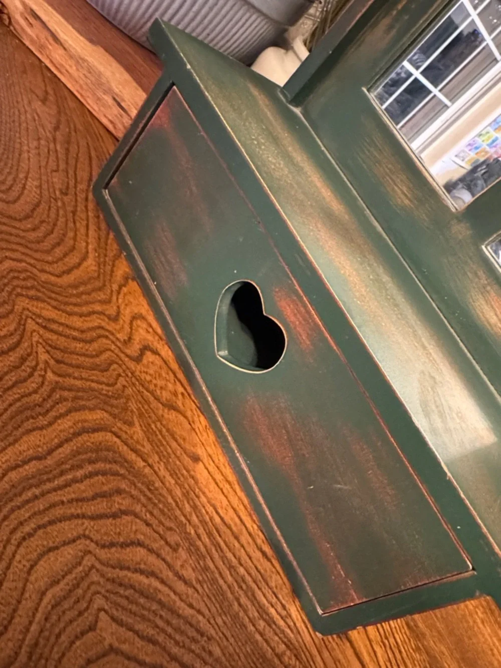 Country Heart Wall Hanging Rustic Green Mirror with Storage Drawer